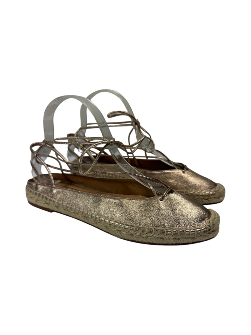 AQUAZZURA Leather PVC Espadrilles with Ankle Wrap in Light Copper Size 38